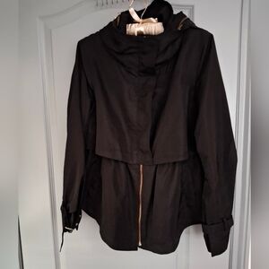 Zara Black Spring Trench Coat Zippered Hood And Adjustable Sleeves Size S New